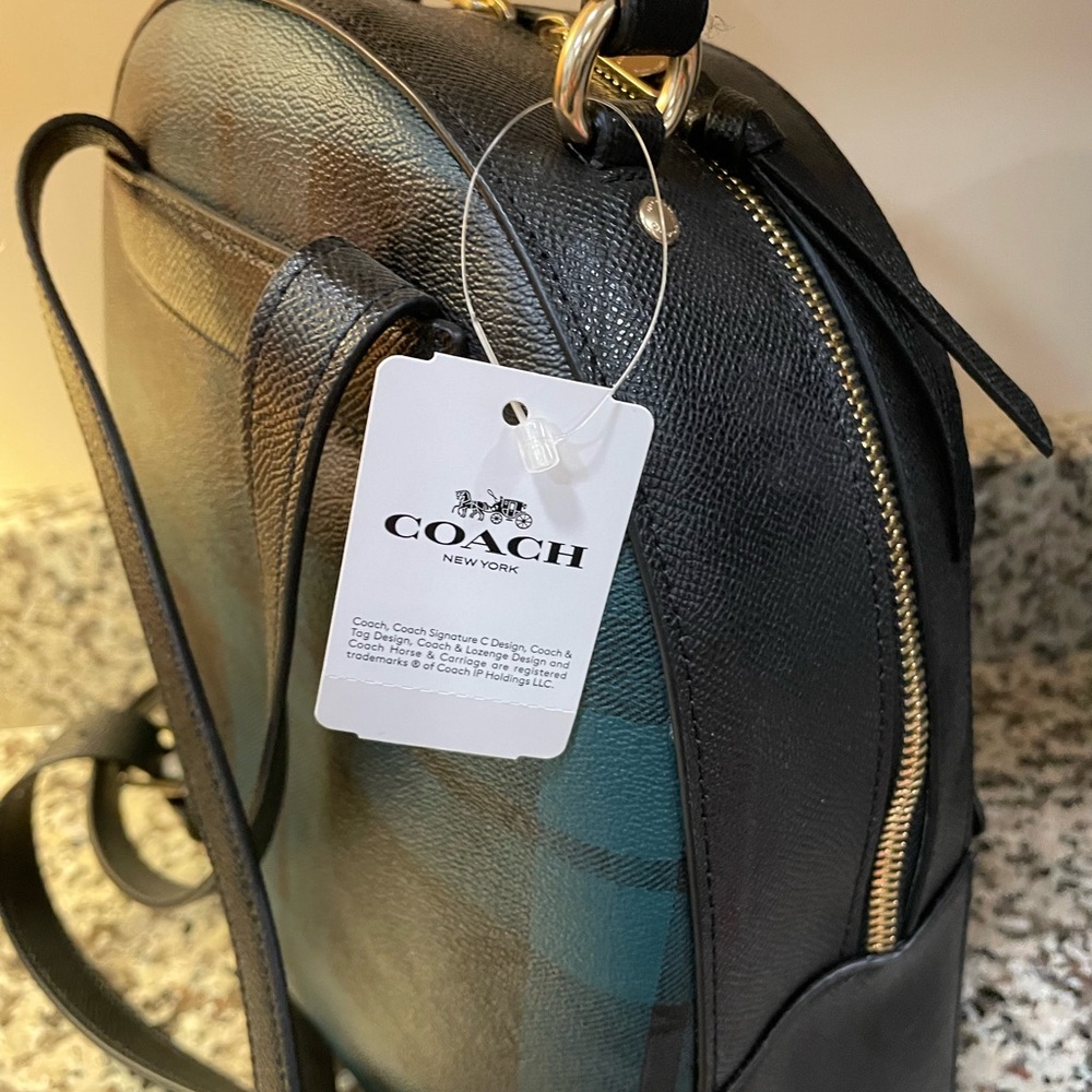 Coach Signature Green & Black Plaid Leather Backpack NEW with tags - Picture 10 of 11